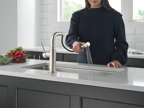 Sleek Brushed Nickel Kitchen Faucet With Pullout Sprayer And Single Handle being used in a modern kitchen with fresh produce.