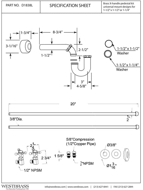 Specification sheet for Traditional Pedestal Lavatory Kit With Cross Handles In Polished Chrome For A Clean No Fuss Bathroom Upgrade