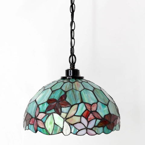Tiffany Style Stained Glass Pendant Light Plug In Swag Lamp With 32 Inch Chain And 15 Foot Cord For Cozy Dining Room Or Living Room Vibe Red Green Floral Glass Shade 12 Inch Wide