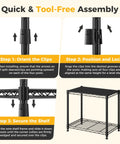 Beefy 4 Tier Wire Storage Shelves With 200 Lbs Per Shelf Capacity, Heavy Duty Steel Rack With Black Finish For Kitchen, Garage, Pantry, And Workshop Organization. Tool-free assembly steps and black wire shelf.