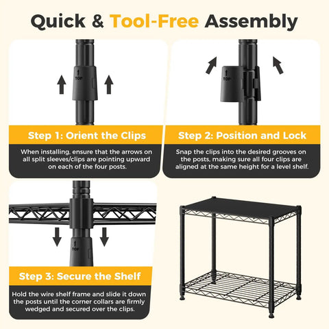 Beefy 4 Tier Wire Storage Shelves With 200 Lbs Per Shelf Capacity, Heavy Duty Steel Rack With Black Finish For Kitchen, Garage, Pantry, And Workshop Organization. Tool-free assembly steps and black wire shelf.