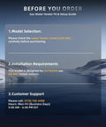 Gas Water Heater Fit & Setup Guide with installation requirements and customer support information.