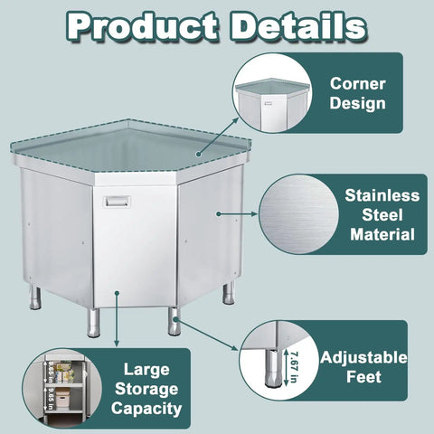 Corner Stainless Steel Prep Table With Cabinet For Work And Storage Heavy Duty Stain Resistant Commercial Kitchen Workstation