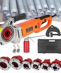 Rock Solid Handheld Electric Pipe Threader 2300W Beefed Up Powerhouse Thread Cutting Kit with four die heads and accessories.