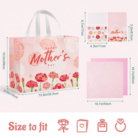 Two Pack 13 Inch Large Mothers Day Gift Bags With Handles, Reusable Nonwoven Floral Gift Bags With Cards, Comes With Tissue Paper