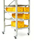 Top Shelf 8 Pack 2 Inch Black Swivel Caster Wheels With Side Mount Locking Brakes on mobile shelving with yellow bins.