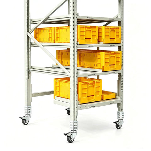 Top Shelf 8 Pack 2 Inch Black Swivel Caster Wheels With Side Mount Locking Brakes on mobile shelving with yellow bins.