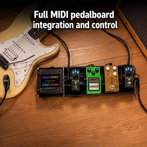 Tonex One Plus AI Guitar Amp And Effects Pedal With Bluetooth Wireless Editing and MIDI Control on pedalboard setup