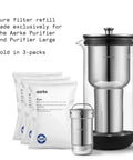Purifier Pitcher Filter Refill Granules That Cut Heavy Metals Lead And Copper Reducing Limescale And Chlorine For Cleaner Water Eco Friendly 8 Week Performance 3 Pack next to pitcher and cartridge.