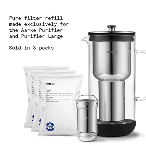 Purifier Pitcher Filter Refill Granules That Cut Heavy Metals Lead And Copper Reducing Limescale And Chlorine For Cleaner Water Eco Friendly 8 Week Performance 3 Pack next to pitcher and cartridge.