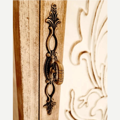 Vintage Style Antique Bronze Cabinet Pulls Handles on wooden dresser; hollow decor, zinc alloy, 160x22x34mm, 100mm hole spacing; 2 pack