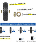 Hella Tough Flat Free Solid Wheelbarrow Tire And Wheel Combo 4.80/4.00-8 Inch with hub and spacers for axle fitting options.