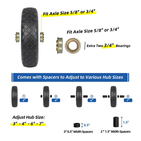Hella Tough Flat Free Solid Wheelbarrow Tire And Wheel Combo 4.80/4.00-8 Inch with hub and spacers for axle fitting options.