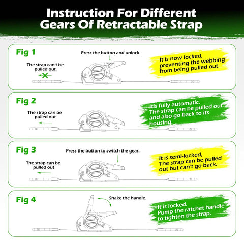 Instruction guide for Hella Tough No Hassle Auto Retract Tie Down Straps Heavy Duty Retractable Ratchet Cargo Belt.