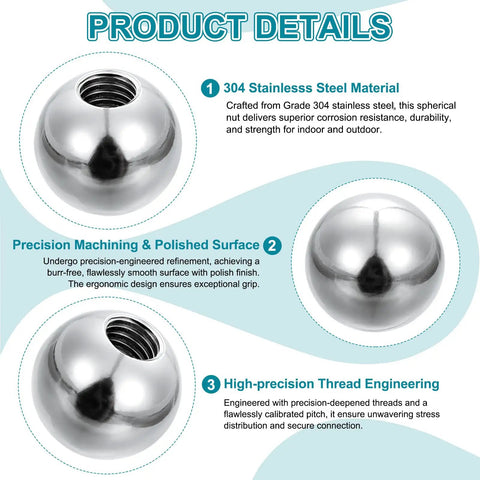 3 Pack M6 X 1mm Ball Knob Nuts With 30mm Outer Diameter, 304 Stainless Steel Round Screw Cap Covers For Light Fixtures And Machinery Hardware, Rust Resistant, Durable, Easy Fit, Silver Finish, close-up view