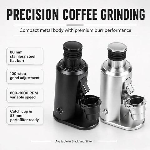Game Changing Single Dose Coffee Grinder With 80Mm Stainless Steel Flat Burrs And 550W Motor For Daily Morning Routines showing black and silver options.