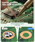 No Clean Rosin Flux Paste And Desoldering Wick Kit for PCB repairs showing solder removal with wick and tool.