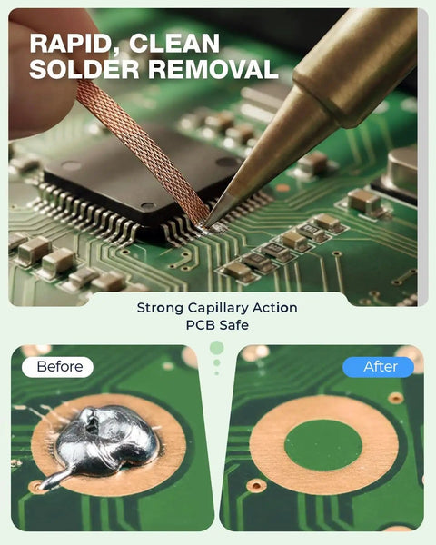 No Clean Rosin Flux Paste And Desoldering Wick Kit for PCB repairs showing solder removal with wick and tool.