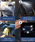 Steps showing how to use Car Scratch Repair Spray Kit With Nano Scratch Remover to fix scratches on vehicle surfaces.