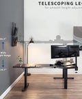 Rocking This VIVO L-Shaped Corner Standing Desk For Your Office Home Setup With Height Adjustable Ergonomic Features Smooth Transition From Sit To Stand Position Massive Workspace Ideal For Productivity And Comfort, showing telescoping legs for height adjustment.