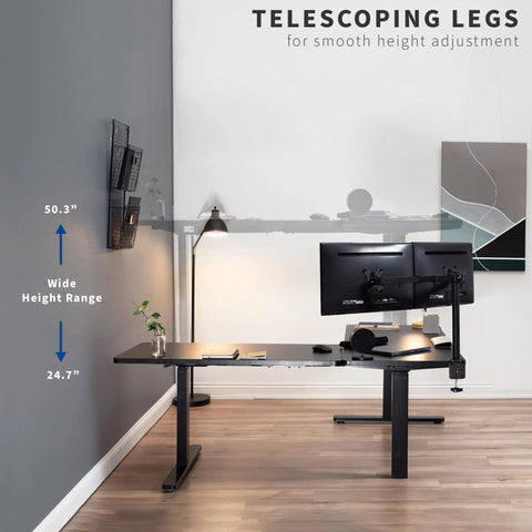 Rocking This VIVO L-Shaped Corner Standing Desk For Your Office Home Setup With Height Adjustable Ergonomic Features Smooth Transition From Sit To Stand Position Massive Workspace Ideal For Productivity And Comfort, showing telescoping legs for height adjustment.