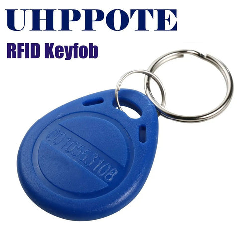 Blue 125KHz EM RFID Key Fob Read Only Proximity Cards for Standard EM ID Access Readers, shown with keychain ring