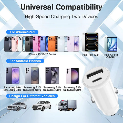Compatibility chart with images of various iPhones, Samsungs, vehicles and 48W USB C Car Charger With Dual USB Ports Fast Charge.