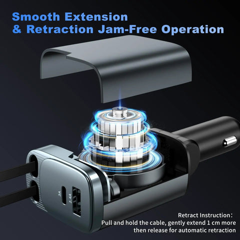 Retractable Car Charger 4 In 1 With USB C Fast Charge 84W, highlighted interior mechanism showing smooth retraction feature.