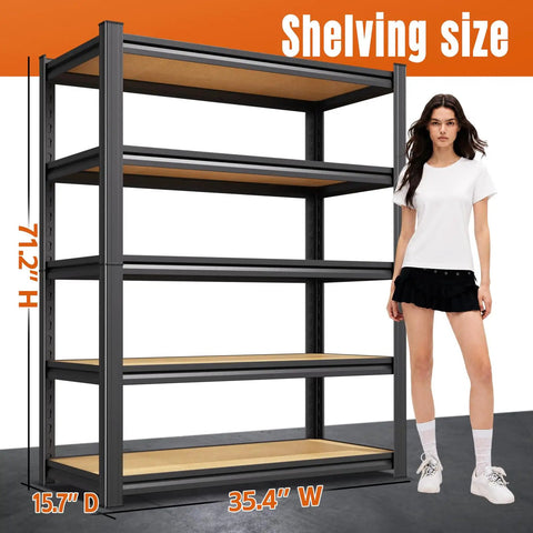 Heavy Duty Garage Shelving Rack Built Like A Tank With Thick Steel Uprights And Durable Boards Adjustable Storage Organizer For Basement Warehouse Kitchen Pantry Black 4600 Lbs Total Capacity with dimensions 71"H x 35.4"W x 15.7"D.