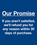 Our Promise refund policy on blue background, satisfaction guaranteed within 30 days of purchase.
