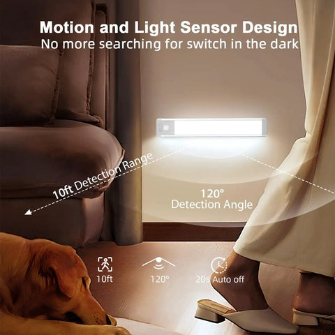 Rechargeable Motion Sensor Under Cabinet Lights with 30 LEDs in living room, showcasing 10ft detection range and 120° angle