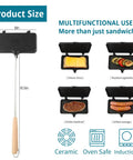 Oukens Non Stick Cast Iron Double Pie Iron Portable Campfire Press With Removable Handles For Grill Stove Mountain Cooking Adventure Gear with dimensions and food examples.