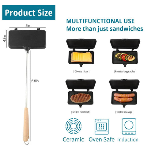 Oukens Non Stick Cast Iron Double Pie Iron Portable Campfire Press With Removable Handles For Grill Stove Mountain Cooking Adventure Gear with dimensions and food examples.