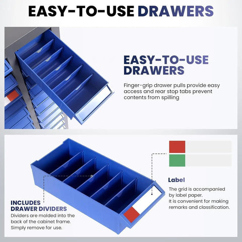Garage-Grade 75-Drawer Nut and Bolt Organizer Cabinet with ABS Drawers, 36 Inch High, 26 Inch Deep, 9 Inch Wide Hardware Storage, Adjustable Shelves and Label System for Workshop, Lab, and Home Garage Tool Storage open ABS drawer with dividers and label slot