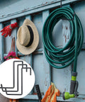 Vinyl Coated Heavy Duty Rafter Hooks For Hanging Tools Bikes Ladders Hoses Ropes Pool Gear Garage Organizer Storage Solution 4 Pack Rust Resistant Non Slip Steel Hanger Hooks For Home Workshop holding a green garden hose in a shed.