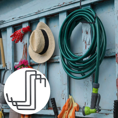 Vinyl Coated Heavy Duty Rafter Hooks For Hanging Tools Bikes Ladders Hoses Ropes Pool Gear Garage Organizer Storage Solution 4 Pack Rust Resistant Non Slip Steel Hanger Hooks For Home Workshop holding a green garden hose in a shed.