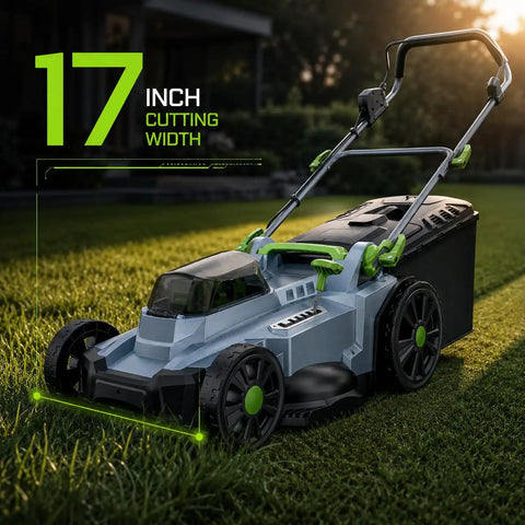 Cordless Walk Behind Lawn Mower With 17 Inch Cutting Width, Dual 20V 4.0Ah Batteries, Brushless Motor, Six Easy Height Settings, 50 Liter Grass Bag, Backyard Ready No Cords For Garden Patio Yard And Lawn Care on grass