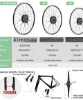 Diagram showing 48V 500W Front Hub Motor Kit installation for 26 and 700C wheels with measurements and fork compatibility.