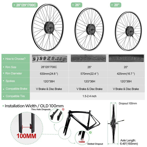 Diagram showing 48V 500W Front Hub Motor Kit installation for 26 and 700C wheels with measurements and fork compatibility.