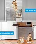 Adjustable Easy Roll Up Mesh Baby Gate For Doorways And Stairs Indoor Outdoor Pet Gate For Dogs Space Saving Child Gate For House Entrances Manual Roll Up Design 0 To 55 Inches Length, shown open for adults and closed with child and pet.