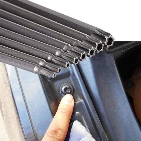 Magnetic Torx Bit Set 11 Piece T6 Through T40 with 1/4 Inch Hex Shank 3 Inch Length S2 Steel Security Tamper Proof Star Bits Handy Magnetic Driver Bits Kit for Drill and Impact Jobs shown beside a car panel screw