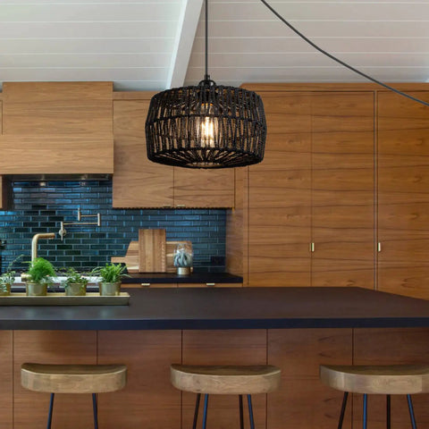 Black Woven Plug In Pendant Light With On Off Switch Rustic Round Ceiling Fixture Made From Natural Fibers Cozy Glow For Entryway Bedroom Kitchen Island Living Room Or Dining Area Dope Vibe in modern kitchen setting