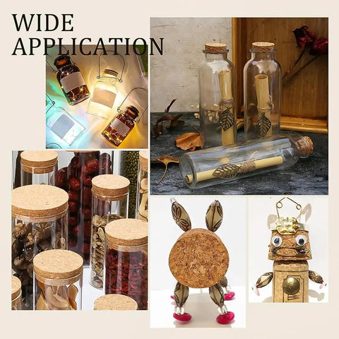 Collage showing wide application of Conical Cork Bottle Stoppers Set For Wine And Beer 30 Pcs Wooden Plugs 1.7 Inch Diameter Soft Wood Corks.