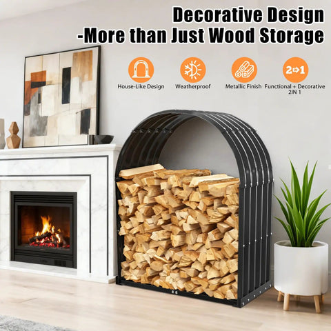 Heavy Duty Firewood Rack With Top Cover For Indoor Outdoor Use, 700 Lbs Capacity, beside fireplace holding logs