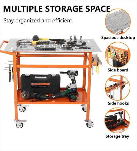 Rugged 36 Inch By 24 Inch Welding Table With 800 Pound Capacity Portable Welding Workbench On Wheels Two Brake Wheels And Four Adjustable Feet Side Hanging Board For Quick Access Tools Ideal For Garage Workshop, featuring multiple storage spaces and tools.