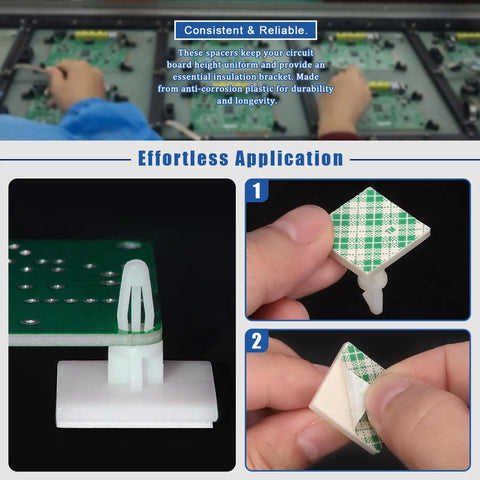 No Sweat Adhesive PCB Spacer Assortment Including Ninety Pieces Of Locking Snap In Insulated Standoffs In Six Ready Heights For Totally Secure Circuit Board Installation And Easy Electronics Build Outs, showing placement and use.