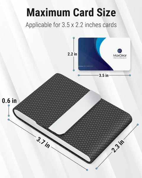 Slim RFID Blocking Card Holder In Black Carbon PU Leather And Stainless Steel With Magnetic Closure Holds 15 To 25 Cards, size guide.