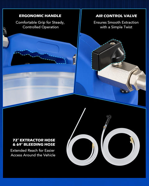 Close-up of air control valve, ergonomic handle, and hoses of 3L Vacuum Brake Bleeder Kit With Pneumatic Fluid Extractor.