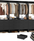 Black 7.2 Ft Wood Closet System Organizer, Set of 4 Modular Wardrobe Units with Hanging Rods and drawers filled with clothes.