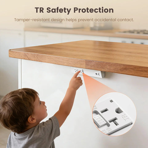 Child pointing at 9 Inch Under Cabinet Power Strip With GFCI Outlet USB A USB C Angled Trapezoid Aluminum Housing, safety feature highlighted